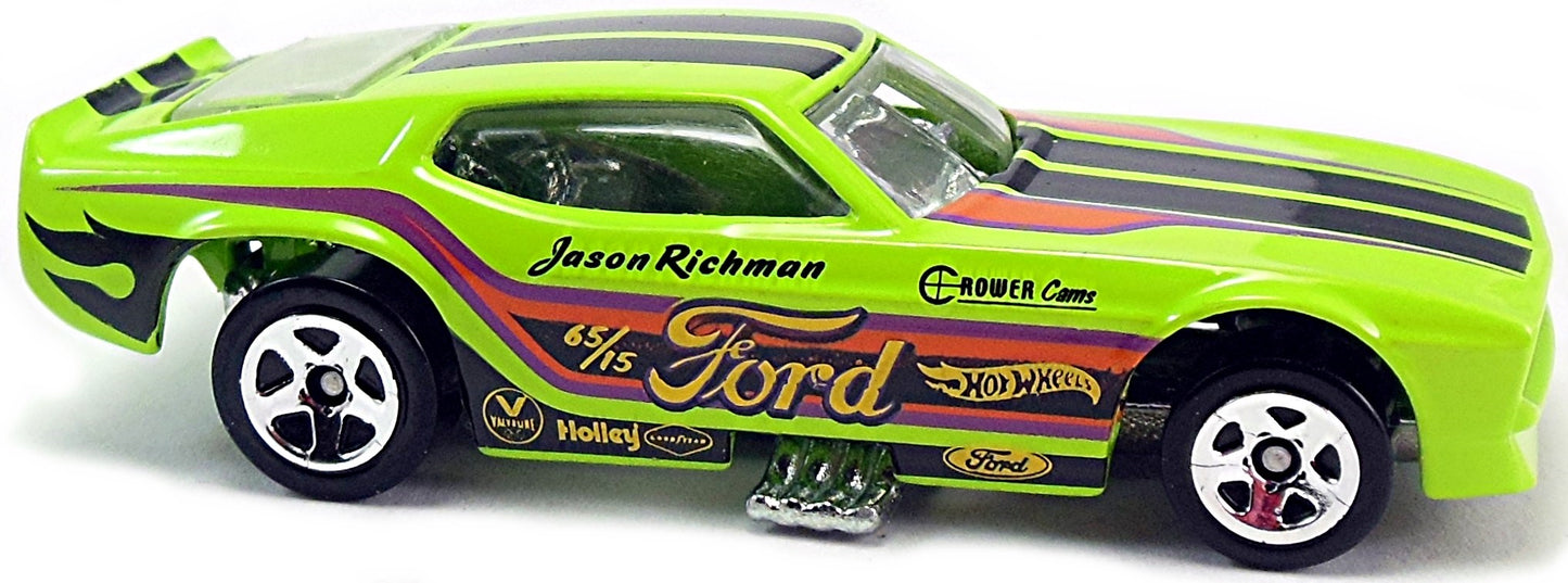 Hot Wheels 2014 - Collector # 099/250 - HW City / Mustang 50th - '71 Mustang Funny Car - Lime Green / Various Race Decals - 5 Spoke Wheels - USA 'WIN' Card