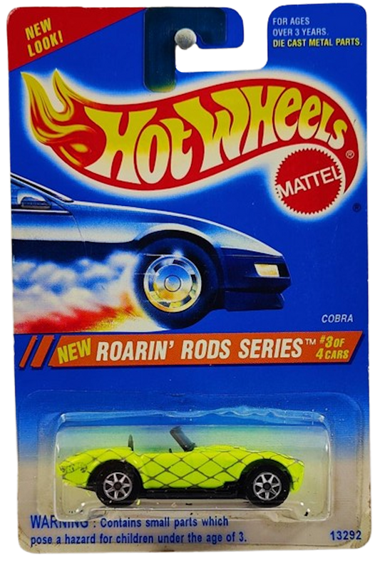 Hot Wheels 1995 - Collector # 305 - Roarin' Rods Series 3/4 - Cobra - Fluorescent Yellow - Opening Hood - USA 'NEW LOOK' Card