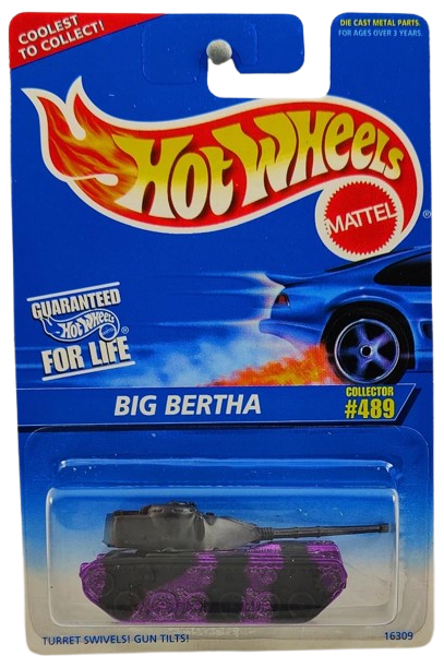 Hot Wheels 1996 - Collector # 489 - Big Bertha (Tank) - Metallic Purple & Black Camo with 'Night Force' - Turret Swivels & Gun Tilts - USA Blue & White Card