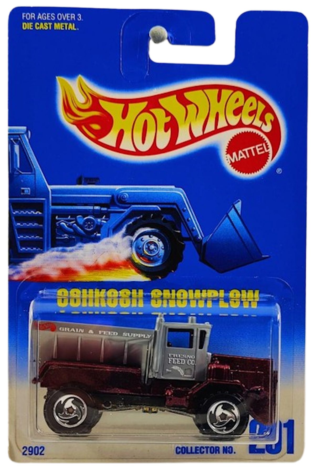 Hot Wheels 1997 - Collector # 201 - Oshkosh Snowplow - Metalflake Dark Red & Gray / Fresno Feed Co. - Off-Road Sawblade Wheels - USA Card