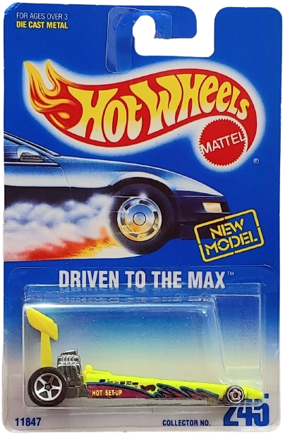 Hot Wheels 1997 - Collector # 245 - New Models - Driven To The Max (Dragster) - Day-Glo Yellow - USA Blue & White Card