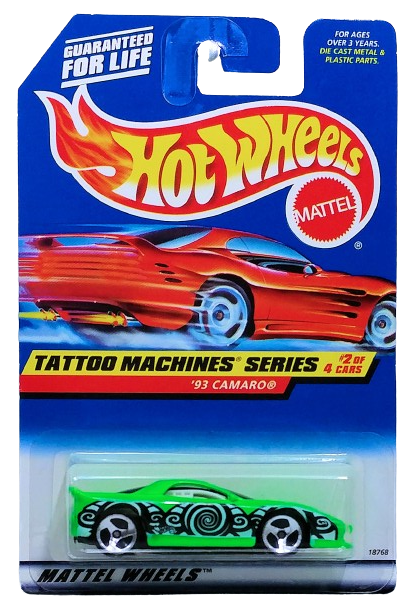 Hot Wheels 1998 - Collector # 686 - Tattoo Machines Series 2/4 - '93 Camaro - Fluorescent Green - USA Red Car Card