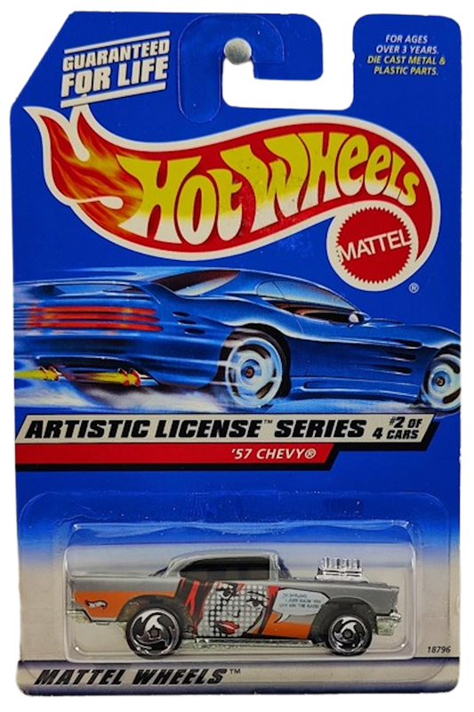 Hot Wheels 1998 - Collector # 730 - Artistic License Series 2/4 - '57 Chevy - Gray / Orange, Black & Red Cartoon Face on Sides - Exposed Engine - USA Card