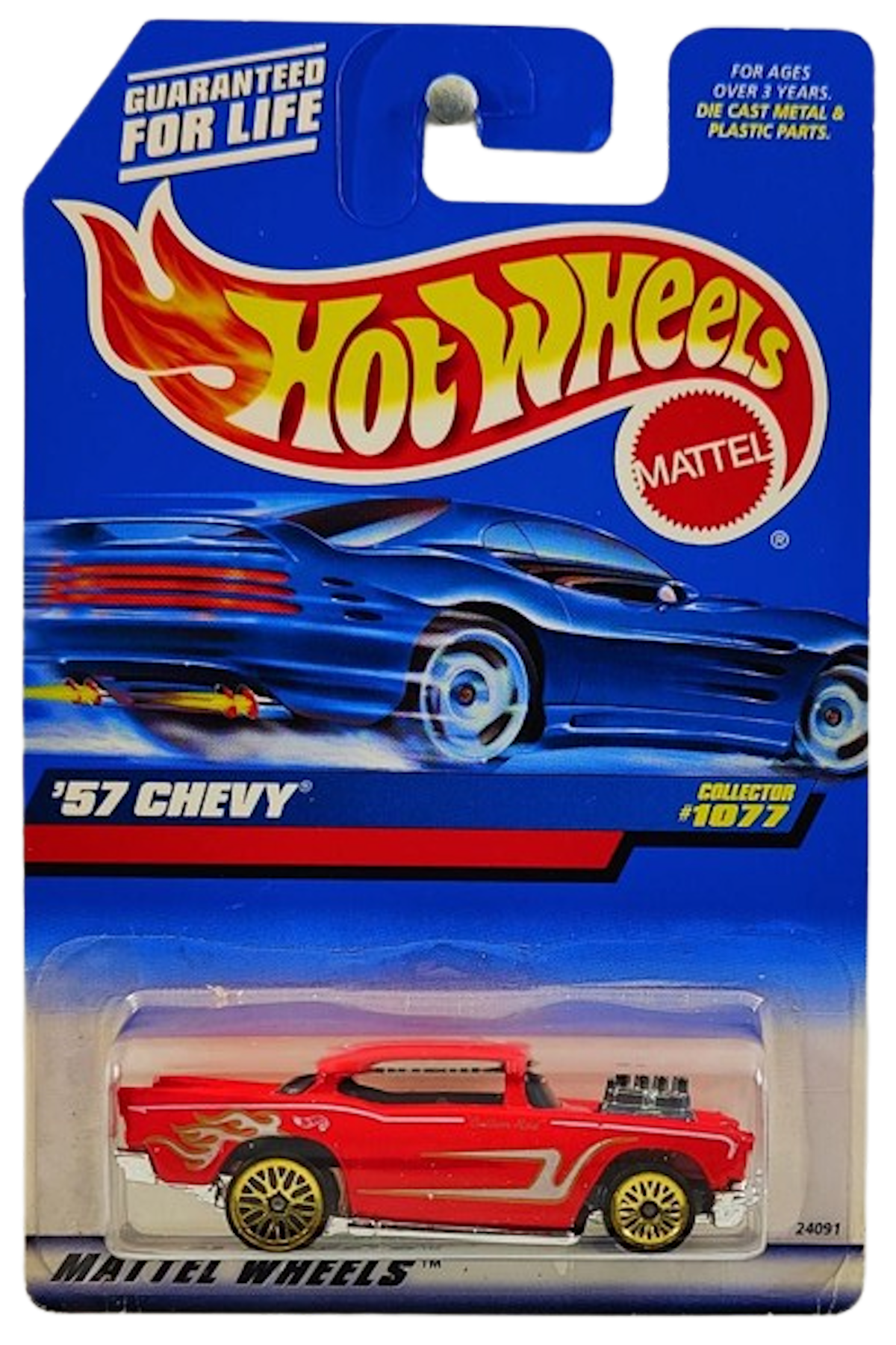 Hot Wheels 1999 - Collector # 1077 - '57 Chevy - Red / Scallops & Flames - Exposed Engine - USA Card