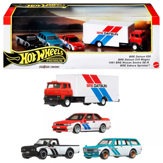 Hot Wheels 2024 - Premium / BRE Datsun Diorama - BRE Datsun 620, BRE Datsun 510 Wagon, 1991 BRE Nissan Sentra SE-R & BRE Sakura Sprinter - Metal/Metal & Real Riders - Display Box