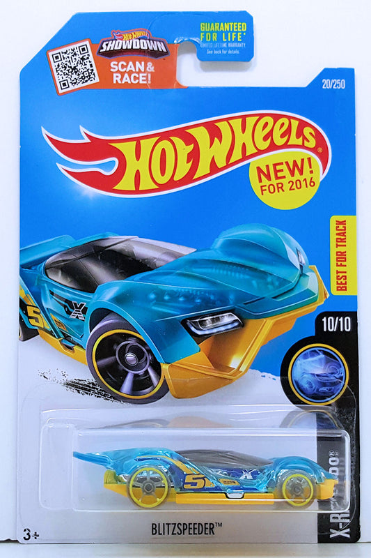 Hot Wheels 2016 - Collector # 020/250 - X-Raycers 10/10 - New Models - Blitzspeeder - Transparent Blue Body & Yellow Base - USA 'Showdown' Card