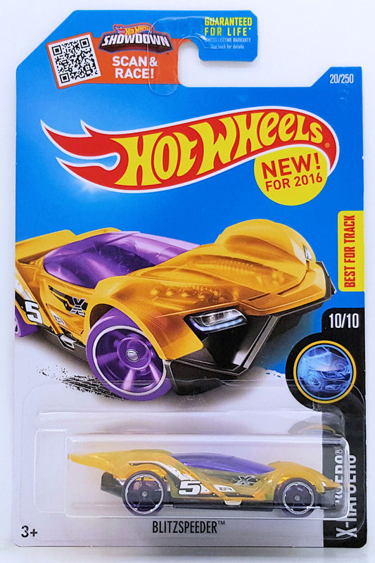 Hot Wheels 2016 - Collector # 020/250 - X-Raycers 10/10 - New Models - Blitzspeeder - Transparent Yellow  Body, Purple Windows & Black Base - USA 'Showdown' Card