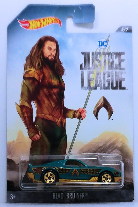 Hot Wheels 2018 - DC Comics / Justice League # 5/7 - Blvd. Bruiser - Aqua / Aquaman Graphics - Gold 5 Spoke Wheels - Black Interior - Yellow Windows - Gold Painted Metal Base - Walmart Exclusive