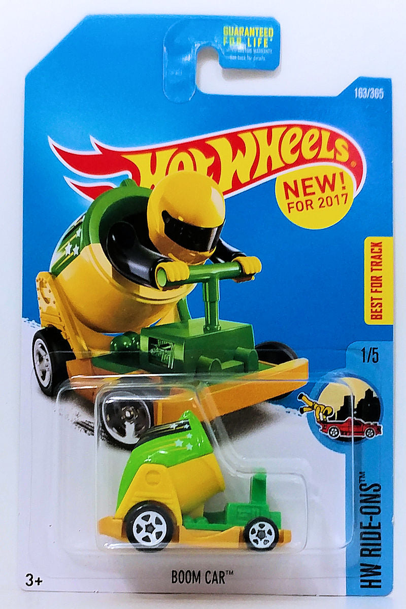 Hot Wheels 2017 - Collector # 163/365 - HW Ride-Ons 1/5 - New Models - Boom Car - Green & Yellow - Figures can Attach - USA Card