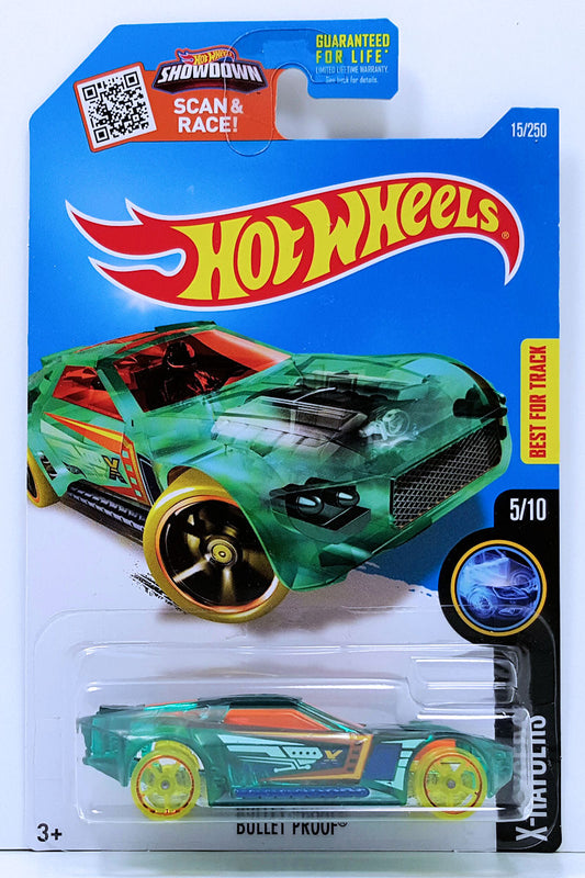 Hot Wheels 2016 - Collector # 015/250 - X-Raycers 5/10 - Bullet Proof - Transparent Sea Green - USA 'Showdown' Card