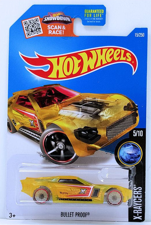 Hot Wheels 2016 - Collector # 015/250 - X-Raycers 5/10 - Bullet Proof - Transparent Yellow - USA 'Showdown' Card