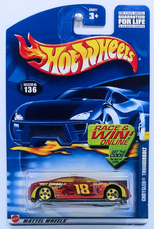 Hot Wheels 2002 - Collector # 136/240 - Chrysler Thunderbolt - Metallic Red / #18 - Gold 5 Dots - USA 'Race & Win' Card