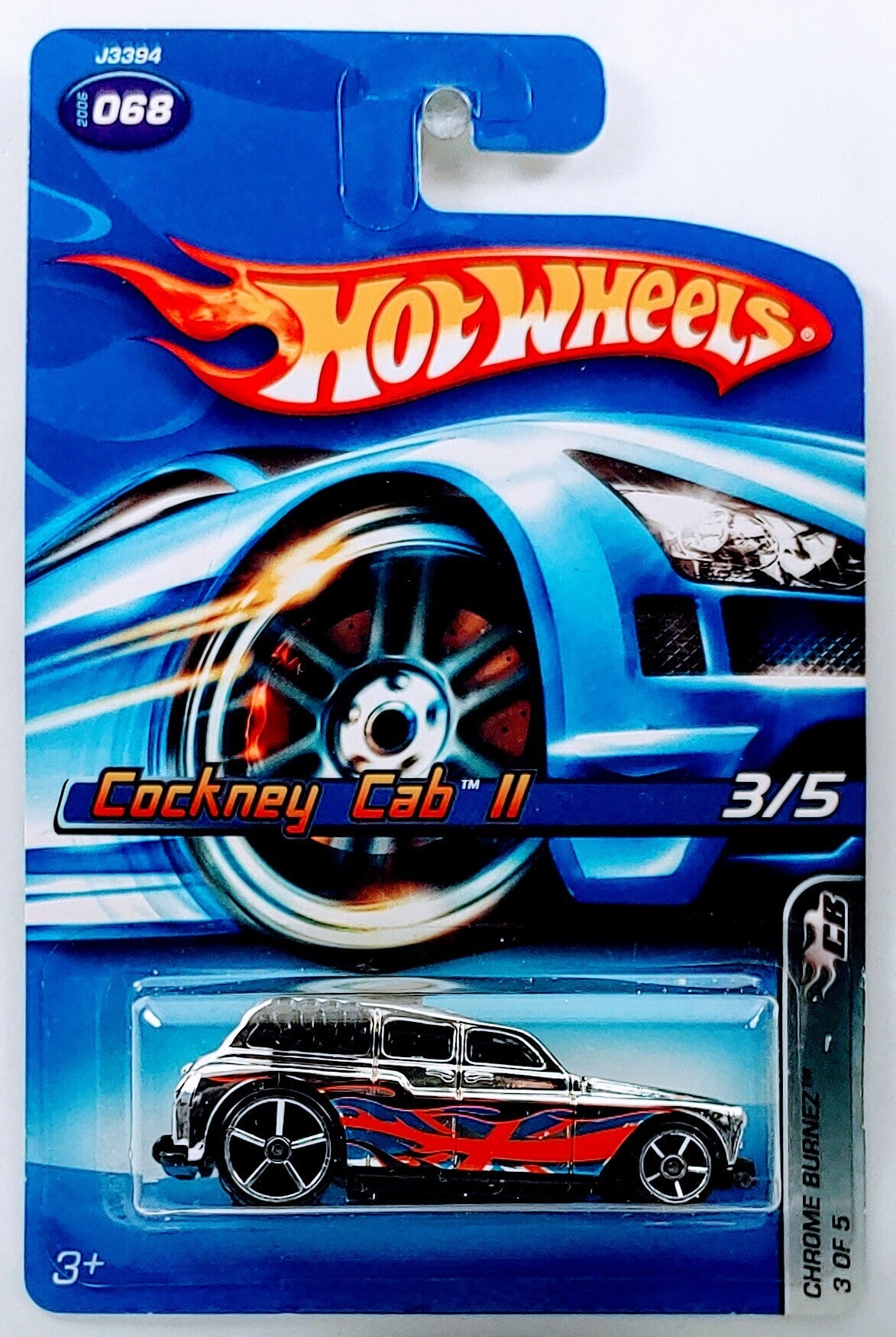 Hot Wheels 2006 - Collector # 068/223 - Chrome Burnerz 3/5 - Cockney Cab II - Chrome/ Union Jack & Flames - Black Plastic Exhaust, Black Scoop, Large Rear Wheels & Black Windows - USA Card