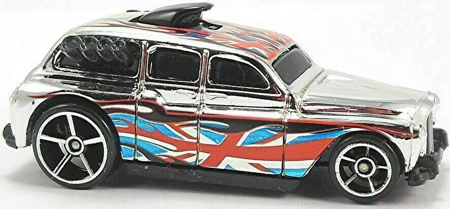 Hot Wheels 2006 - Collector # 068/223 - Chrome Burnerz 3/5 - Cockney Cab II - Chrome/ Union Jack & Flames - Black Plastic Exhaust, Black Scoop, Large Rear Wheels & Black Windows - USA Card