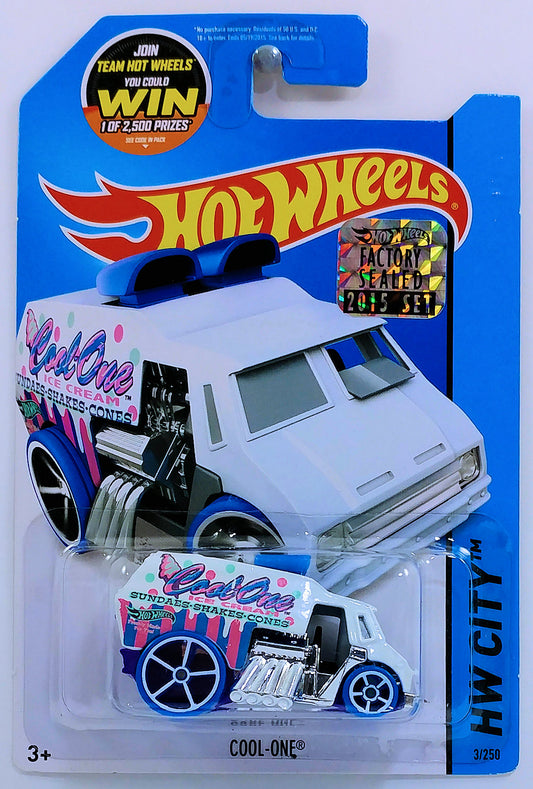 Hot Wheels 2015 - Collector # 003/250 - HW City / HW City Works - Cool-One - White - USA 'WIN' Card with Factory Set Sticker