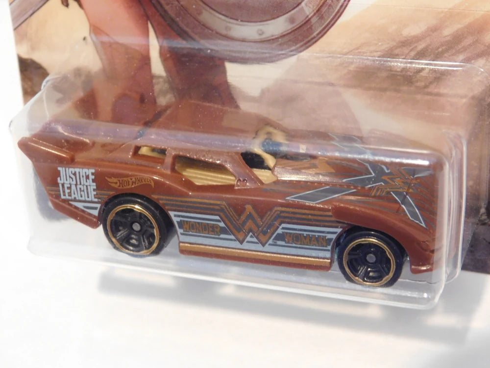 Hot Wheels 2018 - DC Comics / Justice League # 3/7 - Maximum Leeway - Brown / Wonder Woman Graphics - Gold & Black MC5 Wheels - Black & Tan Interior - Metal Base - Walmart Exclusive