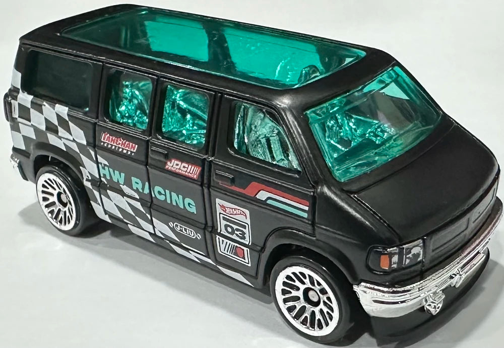 Hot Wheels 2024 - Collector # 248/250 - HW Vans 5/5 - Dodge Van - Matte Black / HW Racing / Various Racing Decals - USA Card