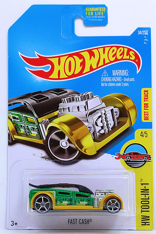 Hot Wheels 2016 - Collector # 034/250 - HW Tool-in-1 4/5 - Fast Cash - Green / Gold Fenders / Black Clip - USA Card