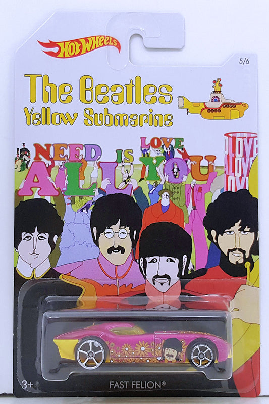 Hot Wheels 2016 - The Beatles - Yellow Submarine&nbsp; # 5/6 - Magenta - Fast FeLion - Chrome on Black OH5SP wheels - Yellow Windows - Chrome Interior - Yellow Plastic Base - USA Card