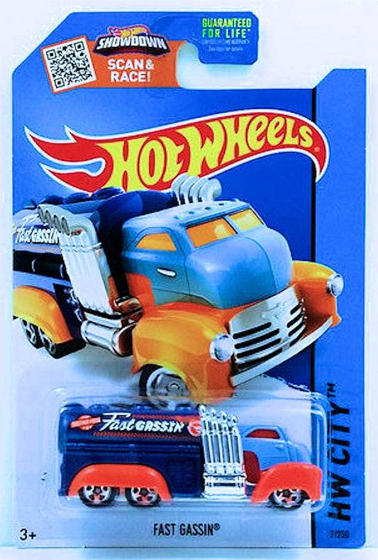 Hot Wheels 2015 - Collector # 007/250 - HW City / HW City Works / Treasure Hunts - Fast Gassin - Sky Blue Cab, Dark Blue Tank & Orange Fenders / Circle Flame Logo on Tank - USA 'Showdown' Card