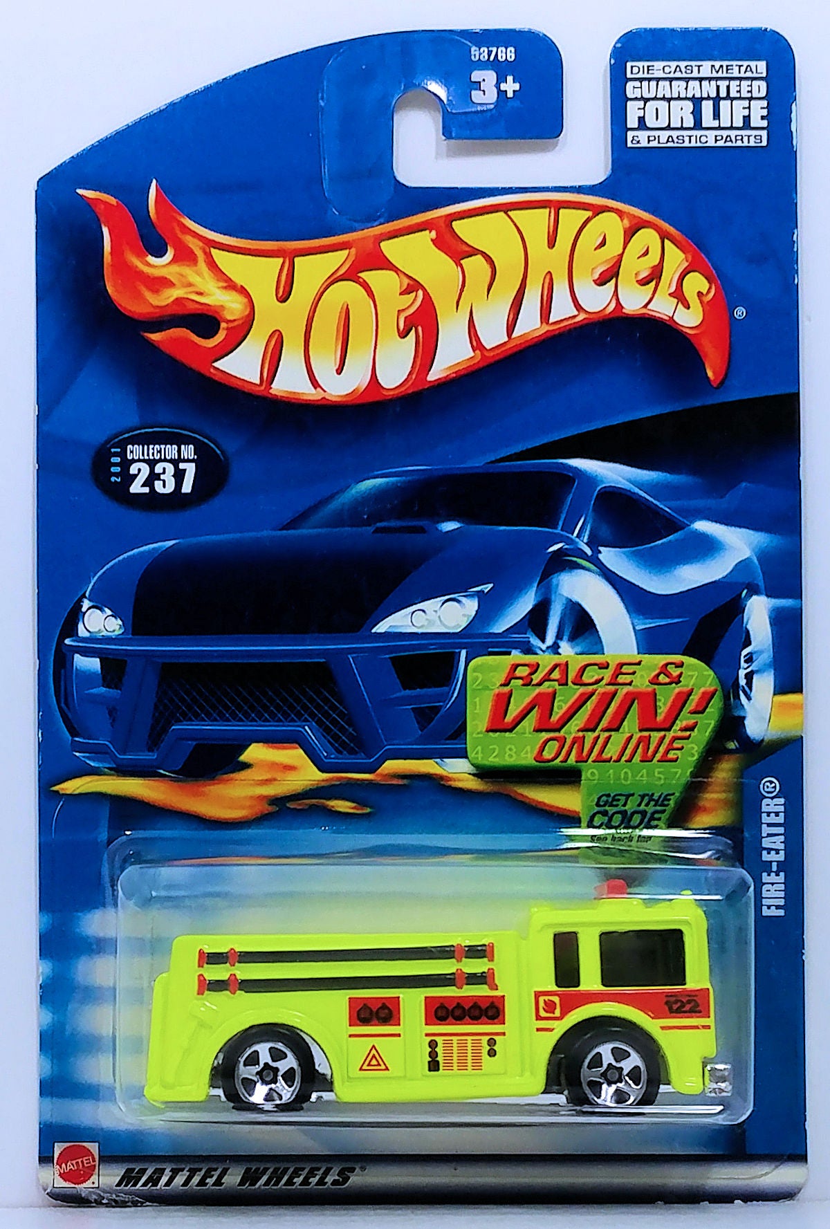 Hot Wheels 2001 - Collector # 237/240 - Fire-Eater (Fire Engine) - Day-Glo Yellow - 5 Spokes - USA Race & Win Card