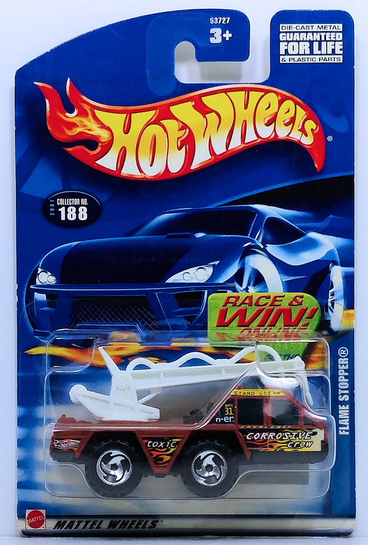 Hot Wheels 2001 - Collector # 188/240 - Flame Stopper - Matte Brown - Chrome Razor Off Road Tires - USA Race & Win Card