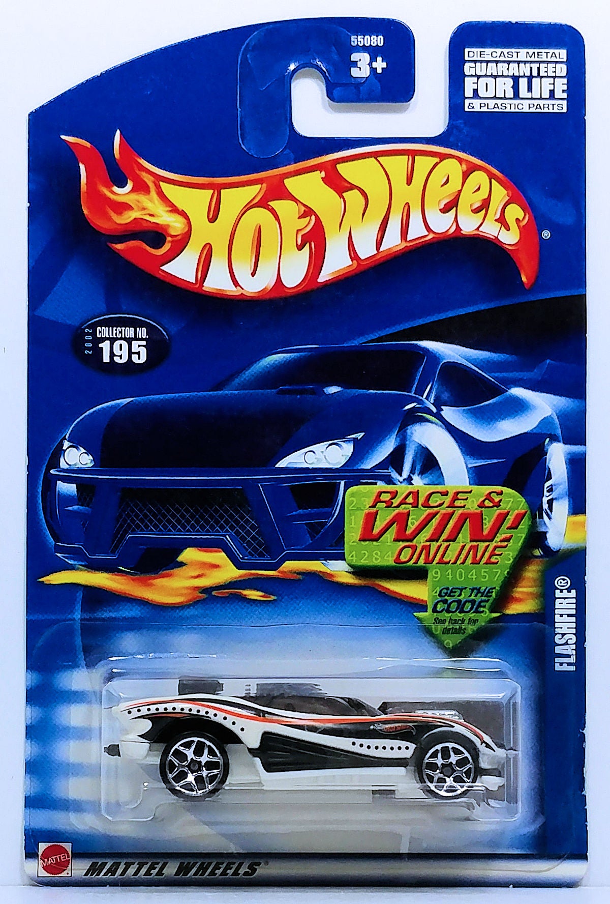 Hot Wheels 2002 - Collector # 195/240 - Flashfire - White - Y5 Wheels - USA Race & Win Card