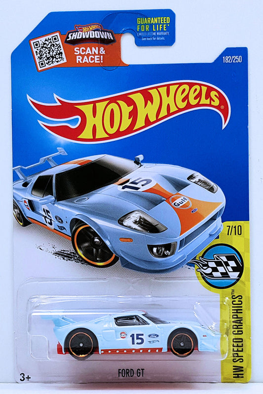 Hot Wheels 2016 - Collector # 182/250 - HW Speed Graphics 7/10 - Ford GT - Powder Blue / Gulf Racing / #15 - USA Card