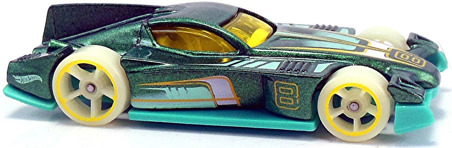 Hot Wheels 2016 - Collector # 048/250 - HW Glow Wheels 3/10 - Formul8r - Dark Green Metalflake / Aqua - USA ‘Showdown’ Card