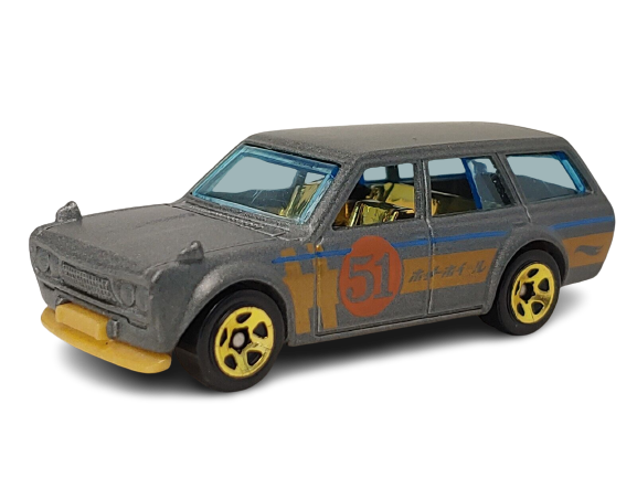 Hot Wheels 2019 - Satin & Chrome 2/6 - '71 Datsun 510 Wagon - Satin Gray - 51st Anniversary - Metal Body - Plastic Base - Gold 5 Spokes