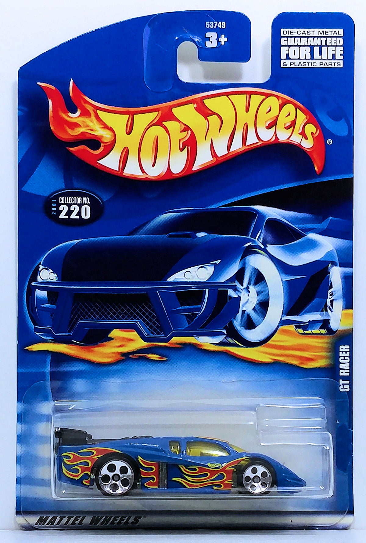 Hot Wheels 2001 - Collector # 220/240 - GT Racer - Blue with Black Wing - 5 Dot - USA Card