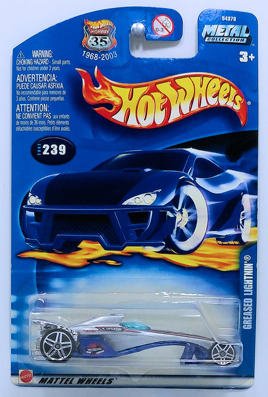 Hot Wheels 2002 - Collector # 239/240 - Greased Lightnin' - Silver - Thailand - International '1968 - 2003 Anniversary' Card