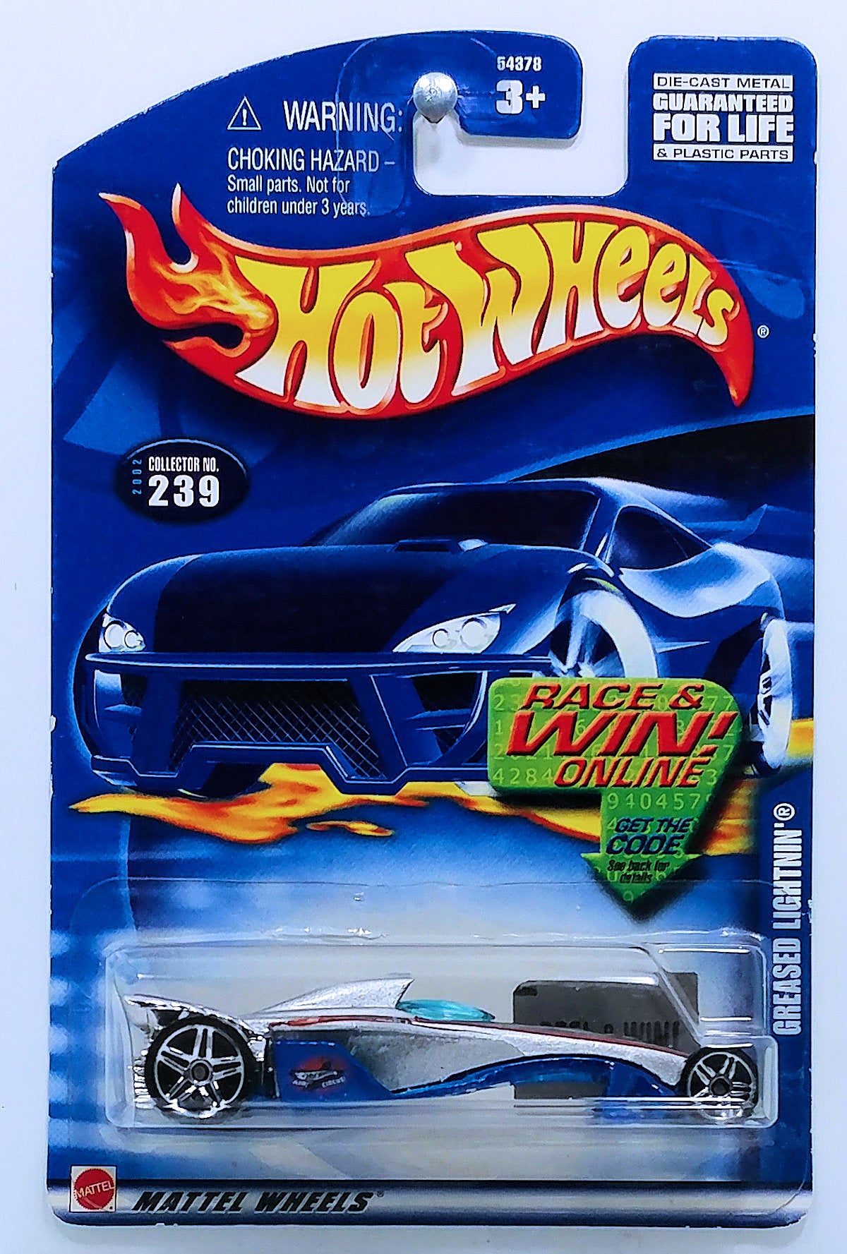 Hot Wheels 2002 - Collector # 239/240 - Greased Lightnin' - Silver - Malaysia - USA 'Race & Win' Card