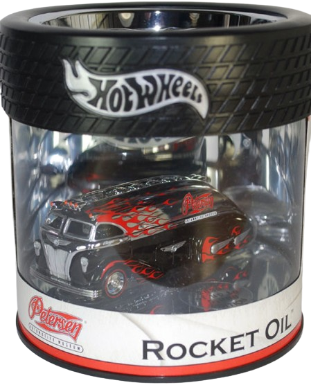 Hot Wheels 2005 - Petersen Automotive Museum / Showcase - Rocket Oil - Spectraflame Black & Chrome with Flames - Metal/Metal & Real Riders - Showcase Round Display (Oil Can) - Limited to 5,000