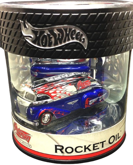 Hot Wheels 2005 - Petersen Automotive Museum / Showcase - Rocket Oil - Spectraflame Blue & Chrome with Flames - Metal/Metal & Real Riders - Showcase Round Display (Oil Can) - Limited to 5,000