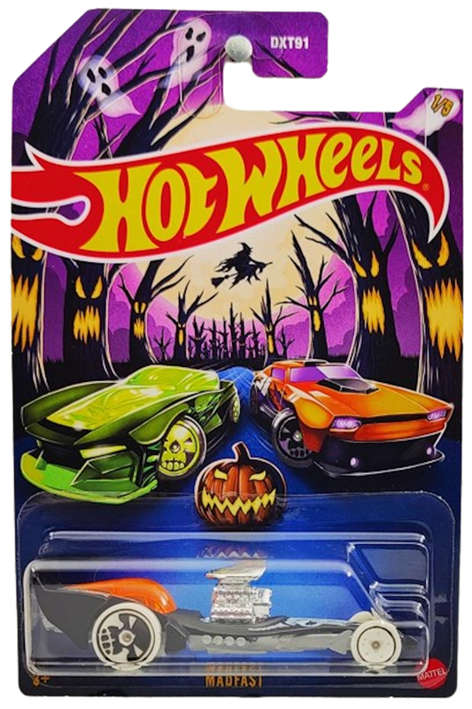 Hot Wheels 2024 - Happy Halloween 1/5 - Madfast - Matte Black / Skull - Black Skull Wheels on White Tires - Grocery Stores Exclusive