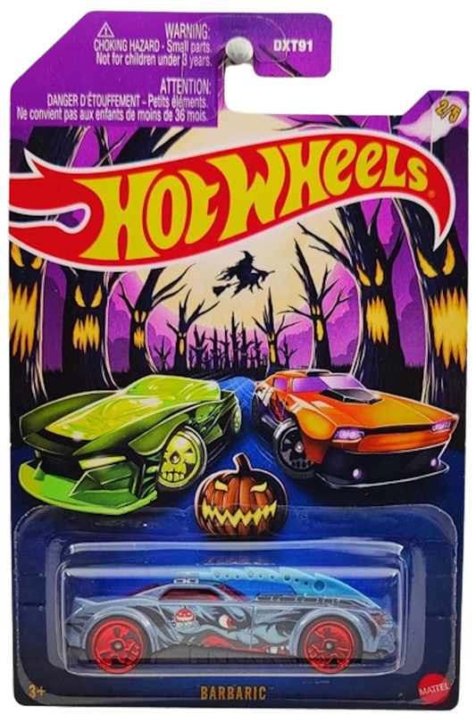 Hot Wheels 2024 - Happy Halloween 2/5 - Barbaric - Gray / Wolf - Red Chrome Skull Wheels on Black Tires - Grocery Stores Exclusive