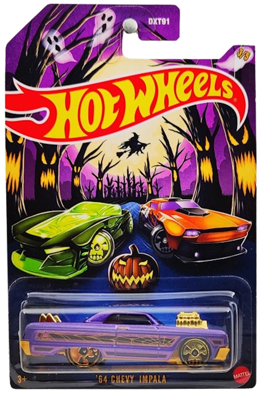 Hot Wheels 2024 - Happy Halloween 3/5 - '64 Chevy Impala (Tooned) - Purple / Spider Web - Gold Chrome Skull Wheels on Black Tires - Grocery Stores Exclusive