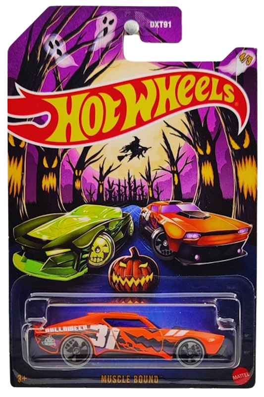 Hot Wheels 2024 - Happy Halloween 4/5 - Muscle Bound - Orange / Halloween 31 - Black Skull Wheels on Gray Tires - Grocery Stores Exclusive