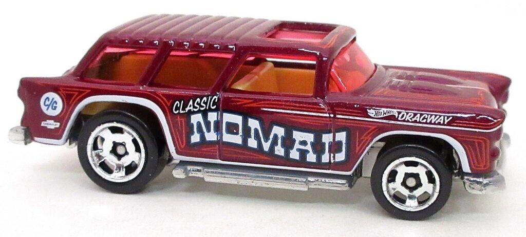 Hot Wheels 2023 - Collector # 243/250 - HW Wagons 05/05 - Classic '55 Nomad - Burgandy - 'Dragway' / 'C/G' / Chevrolet Logo - Retro Slot Wheels - International Card