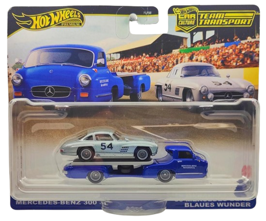 Hot Wheels 2024 - Premium / Car Culture / Team Transport # 70 - Mercedes-Benz 300 SL & '55 Mercedes-Benz Blaues Wunder - Blue & Silver / #54 - Metal/Metal & Real Riders - Large Blister Card