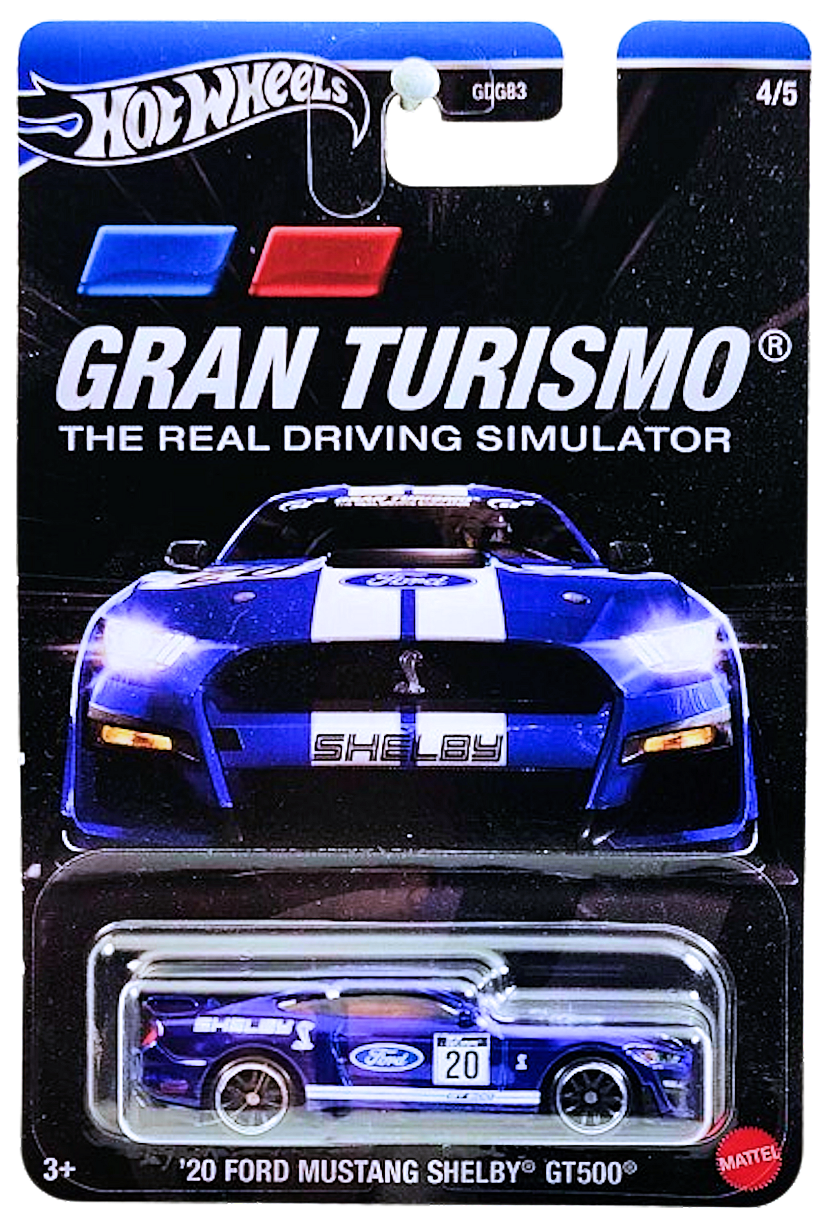 Hot Wheels 2024 - Theme / Gran Turismo / The Real Driving Simulator 4/5 - '20 Ford Mustang Shelby GT500 - Blue / #20 - Black with Chrome Ring MM5 Wheels - Walmart Exclusive