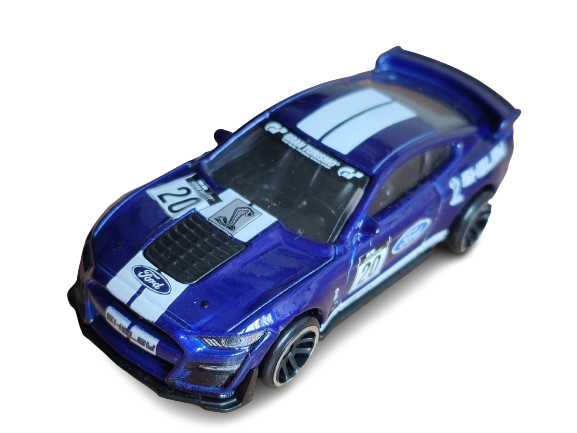 Hot Wheels 2024 - Theme / Gran Turismo / The Real Driving Simulator 4/5 - '20 Ford Mustang Shelby GT500 - Blue / #20 - Black with Chrome Ring MM5 Wheels - Walmart Exclusive