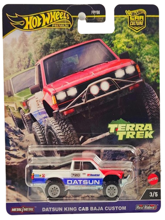 Hot Wheels 2024 - Premium / Car Culture / Terra Trek 3/5 - Datsun King Cab Baja Custom - Red, White & Blue - Metal/Metal & Real Riders - NEW Casting!