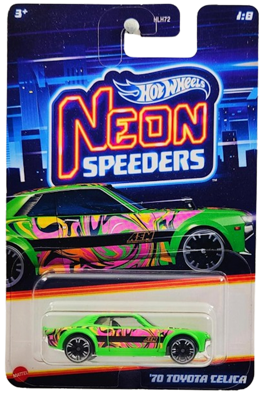 Hot Wheels 2024 - Mix 1 / Neon Speeders 1/8 - '70 Toyota Celica - Neon Green / Black, Pink & Orange Graphics - Chrome NS6 Wheels - Walmart Exclusive