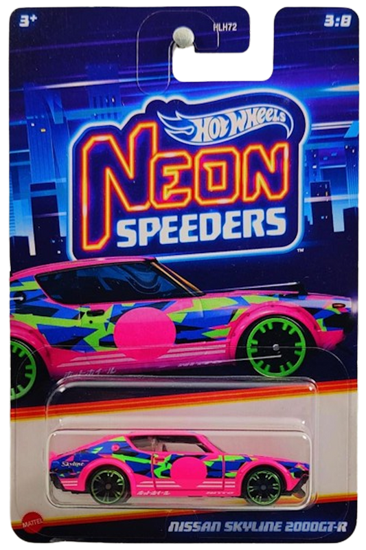 Hot Wheels 2024 - Mix 1 / Neon Speeders 3/8 - Nissan Skyline 2000GT-R - Hot Pink / Blue, Green & White Graphics - Green Chrome NS6 Wheels - Walmart Exclusive