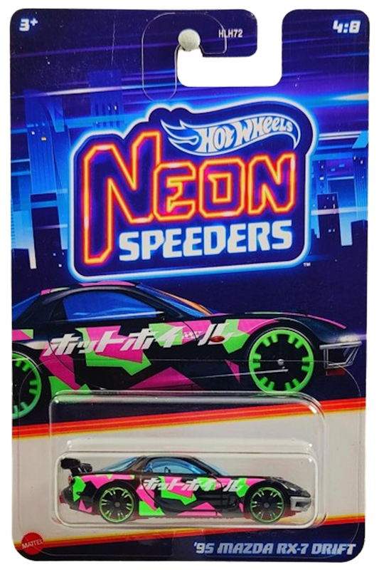 Hot Wheels 2024 - Mix 1 / Neon Speeders 4/8 - '95 Mazda RX-7 Drift - Black / Pink, Green & White Graphics - Green Chrome NS6 Wheels - Walmart Exclusive