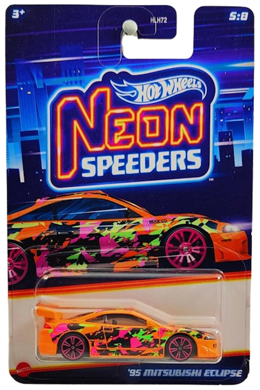 Hot Wheels 2024 - Mix 1 / Neon Speeders 5/8 - '95 Mitsubishi Eclipse - Neon Orange / Pink, Green & Black Graphics - Pink NS6 Wheels - Walmart Exclusive