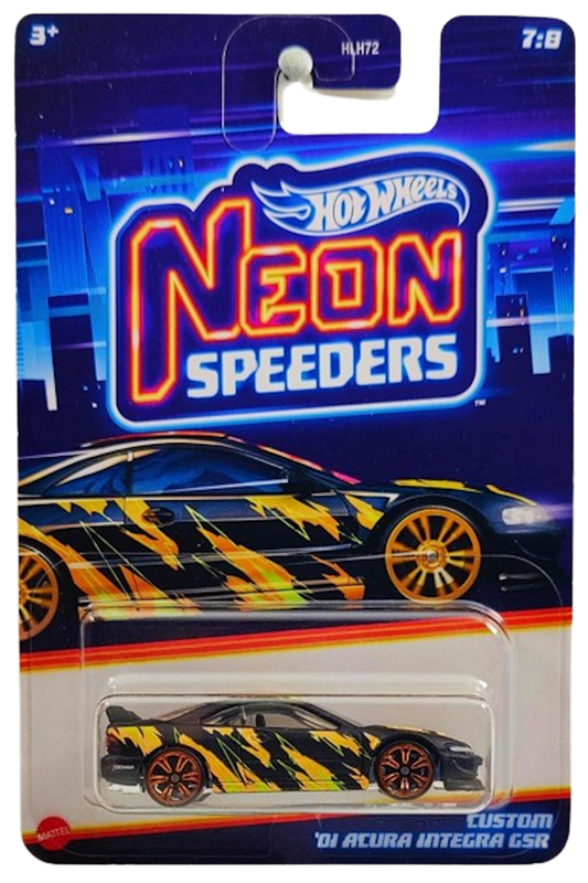 Hot Wheels 2024 - Mix 1 / Neon Speeders 7/8 - Custom '01 Acura Integra GSR - Matte Black / Orange & Yellow Graphics - Orange Chrome NS6 Wheels - Walmart Exclusive