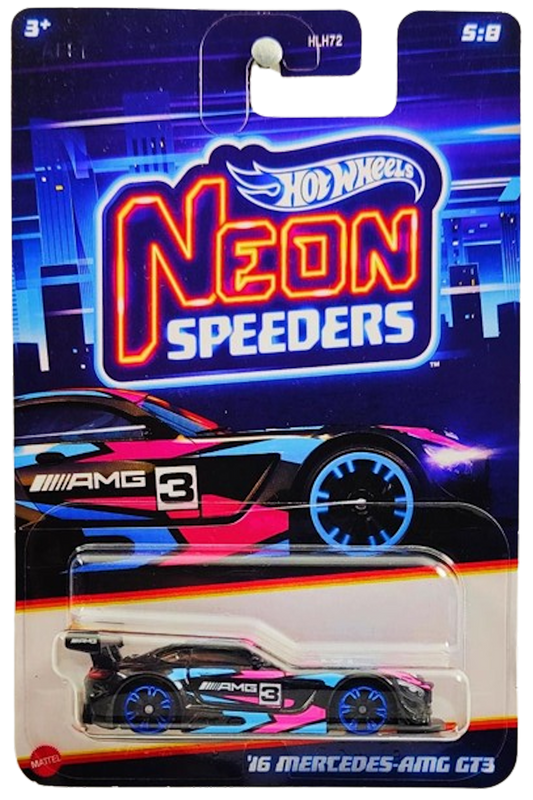 Hot Wheels 2024 - Mix 2 / Neon Speeders 5/8 - '16 Mercedes-AMG GT3 - Black / #3 / Pink & Blue Graphics - Blue Chrome NS6 Wheels - Walmart Exclusive